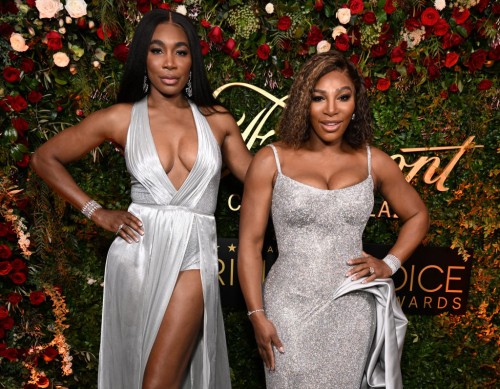Venus Williams and Serena Williams with Champagne Collet & OBC Wines as they celebrate the 27th Annual Critics Choice Awards at Fairmont Century Plaza on March 13, 2022 in Los Angeles, California.