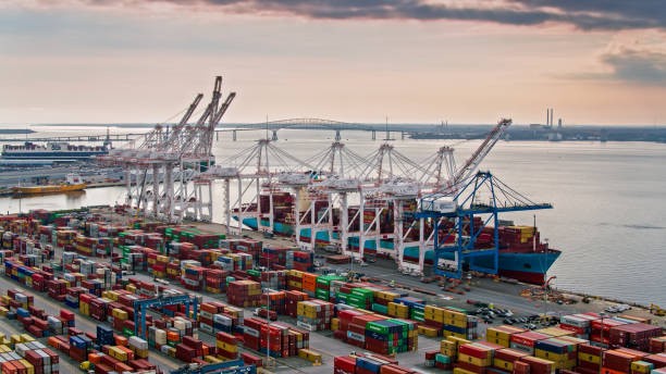 Loading Container Ship in the Port of Baltimore - Aerial - stock photo