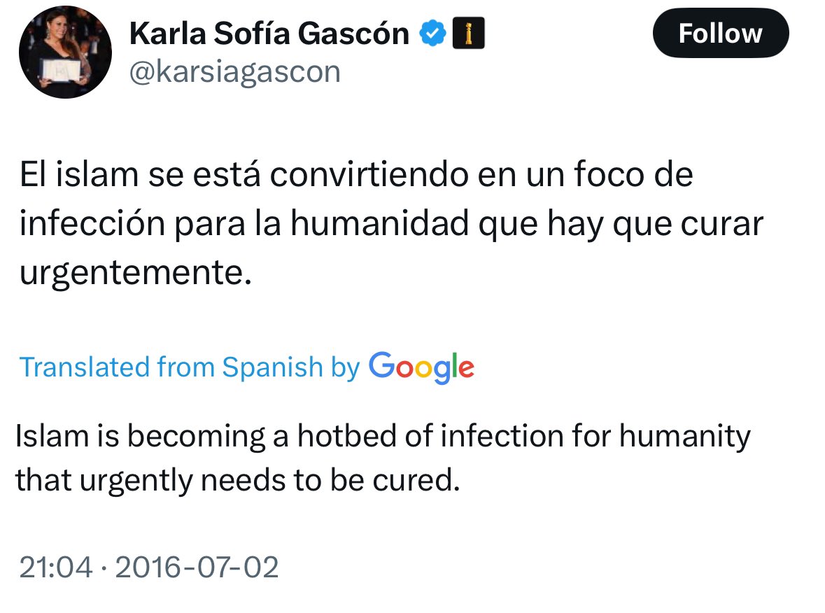 Karla Sofa Gascn islamophobic tweets