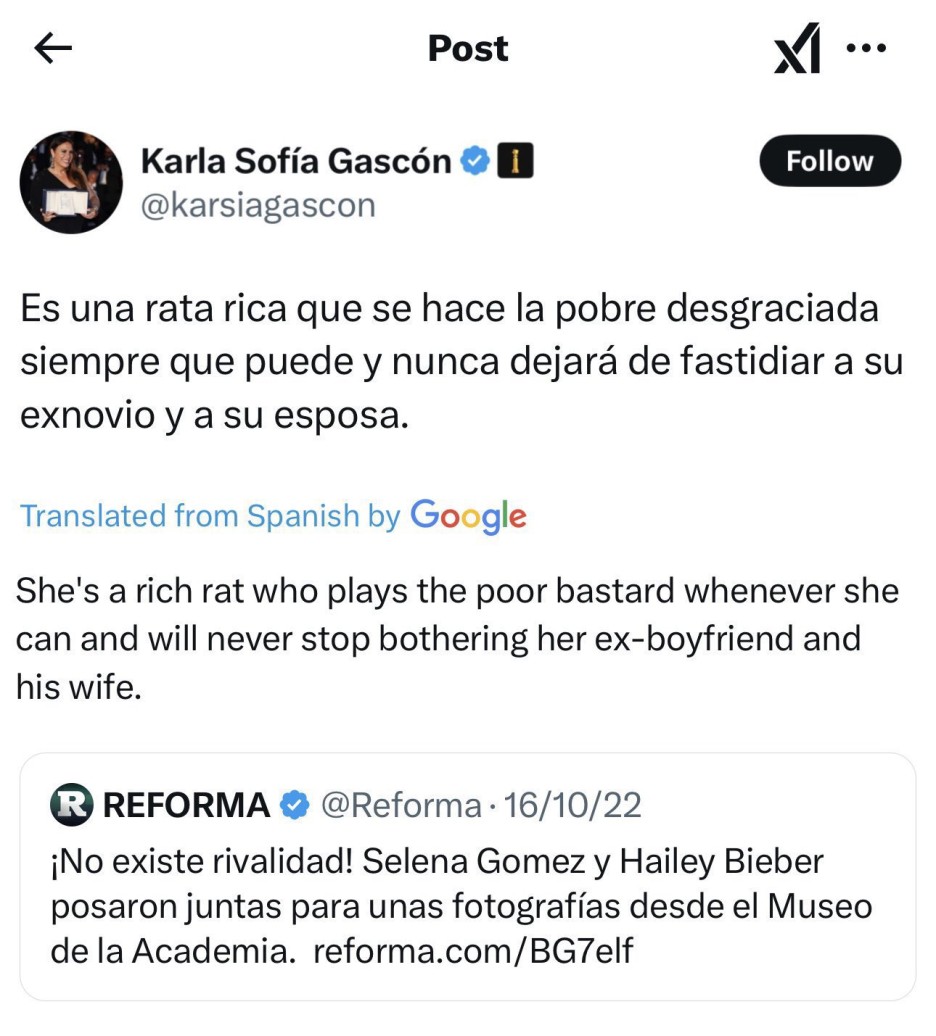 Karla Sofía Gascón lashed out at Selena Gomez