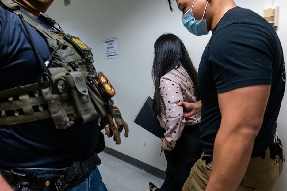 Federal agents detain a woman in immigration court